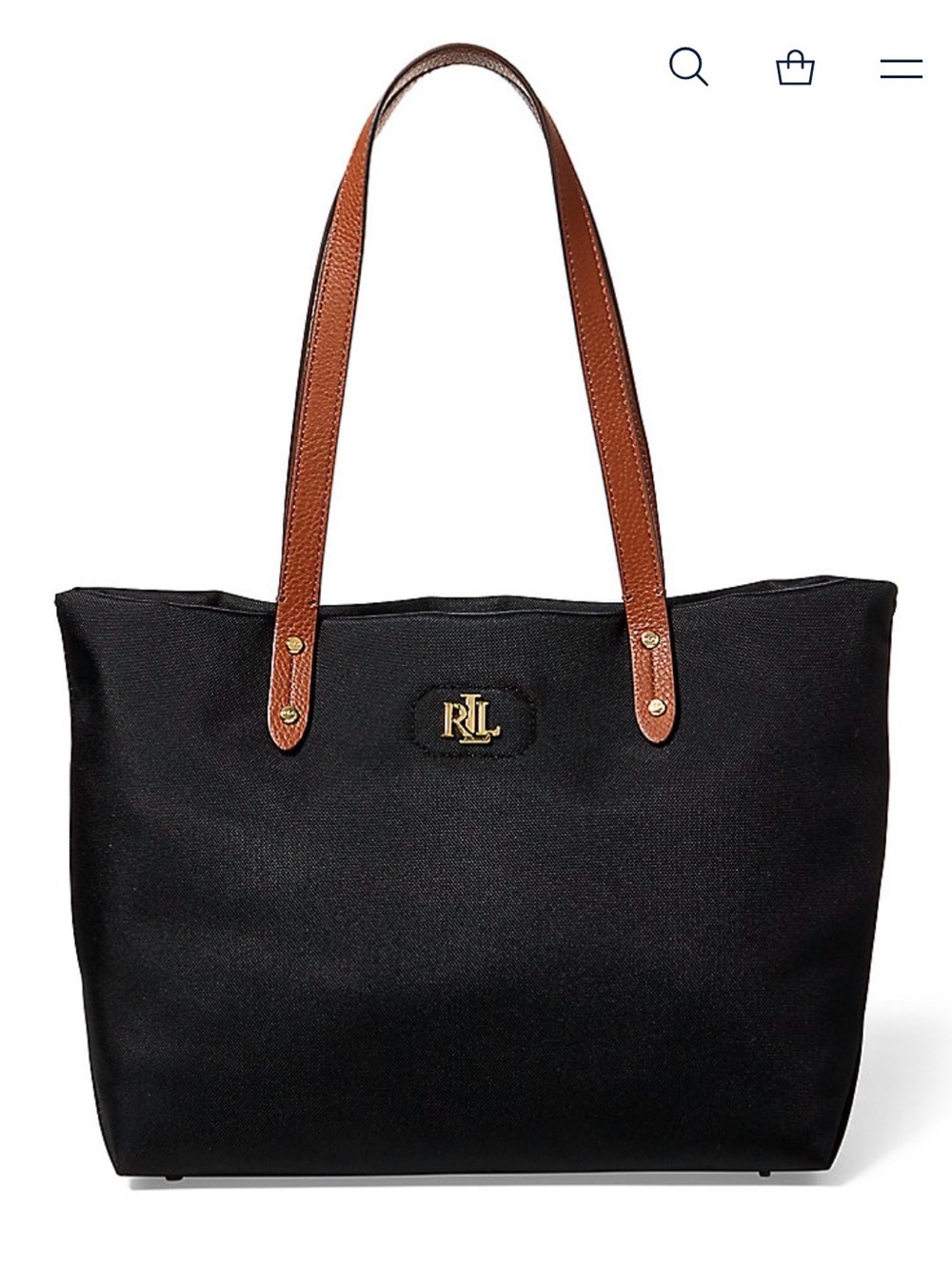 LAUREN Ralph Lauren Bainbridge Black Nylon Tote Brown Straps and Gold Logo